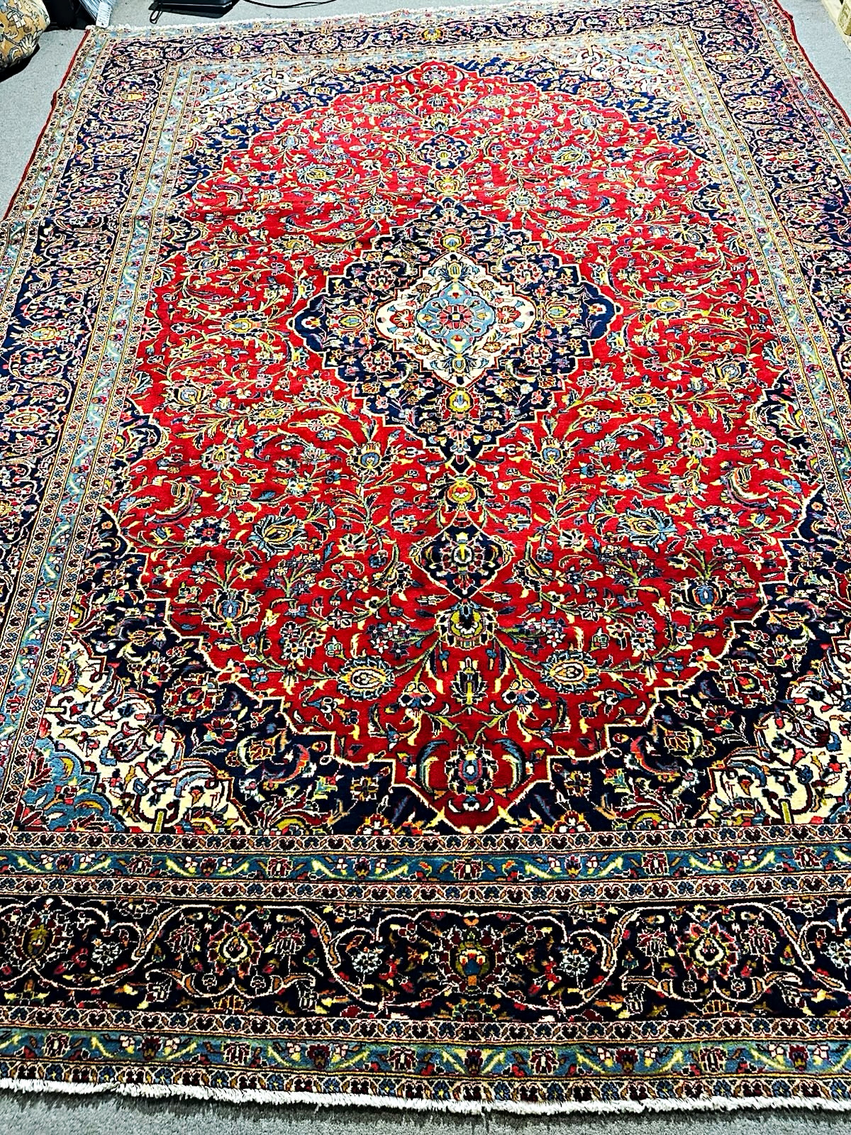 Vintage Hand Knotted Ka’shan Oriental 9\'9” x 13\' Wool Area Rug Red/Navy Floral Vintage Hand Knotted Ka’shan Oriental 9\'9” x 13\' Wool Area Rug Red/Navy Floral