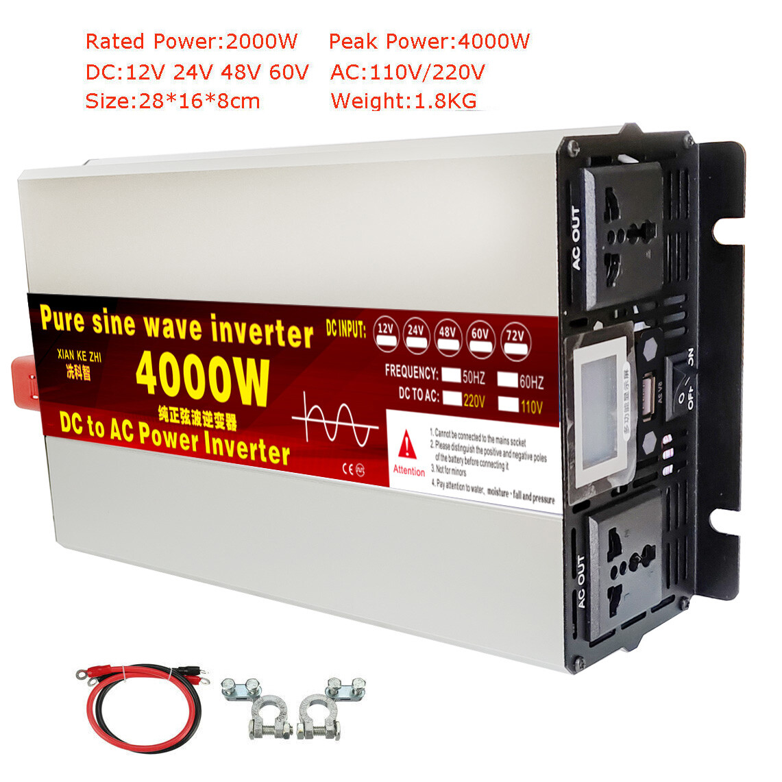 4000W 5000W 12V 24V 48V 72V to 110V 60HZ Pure Sine Wave Power Inverter LCD US