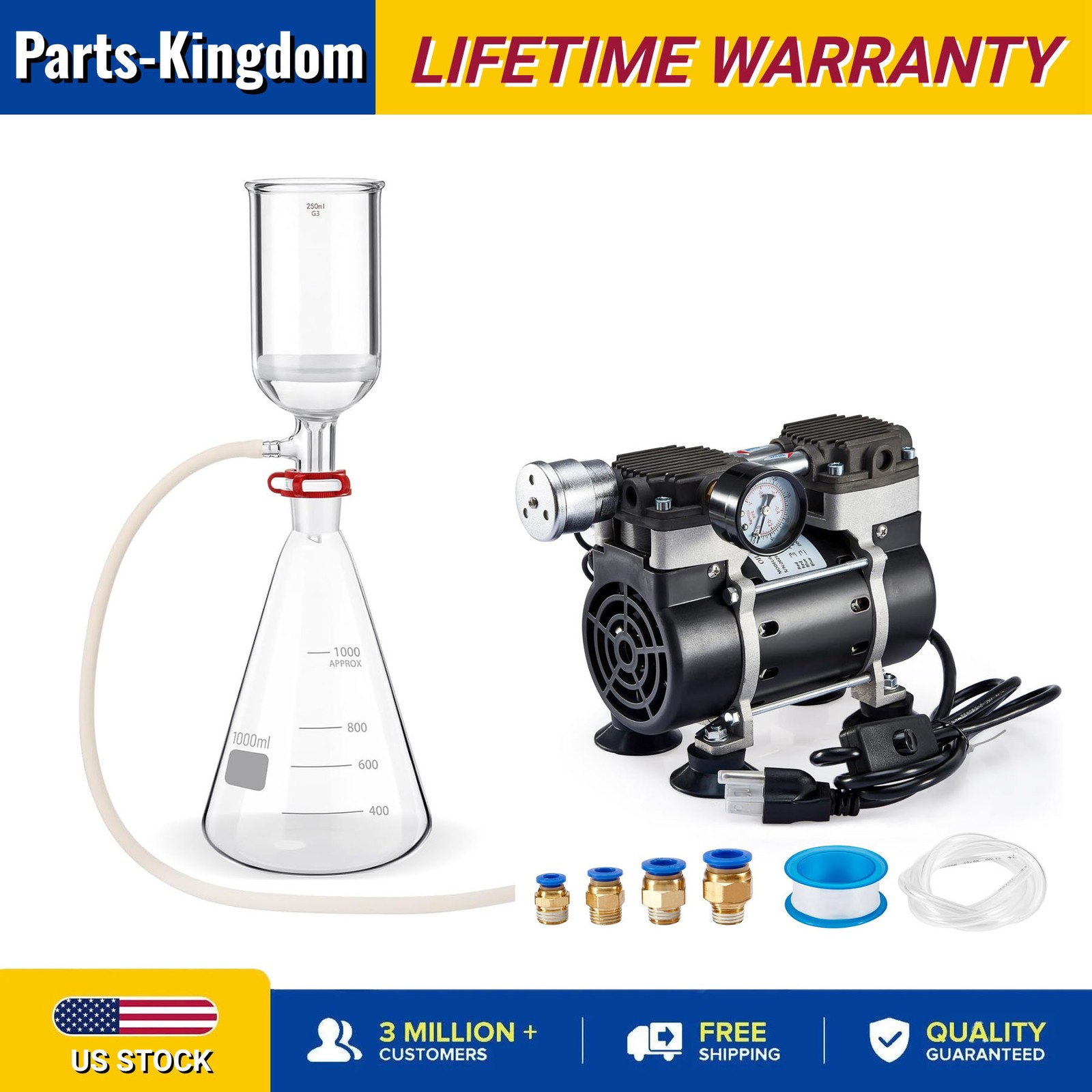 50L/Min Lab Vacuum Pump,1L Lab Vacuum Filtration,250ml Filtering Funnels kit NEW