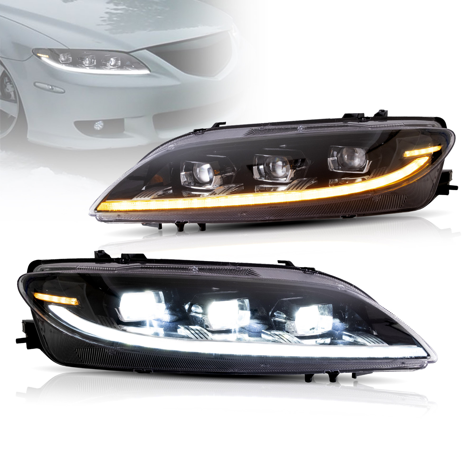 LED Headlights Fit 2003-2008 Mazda 6 Sequential Turn Signal w/ Startup Animation