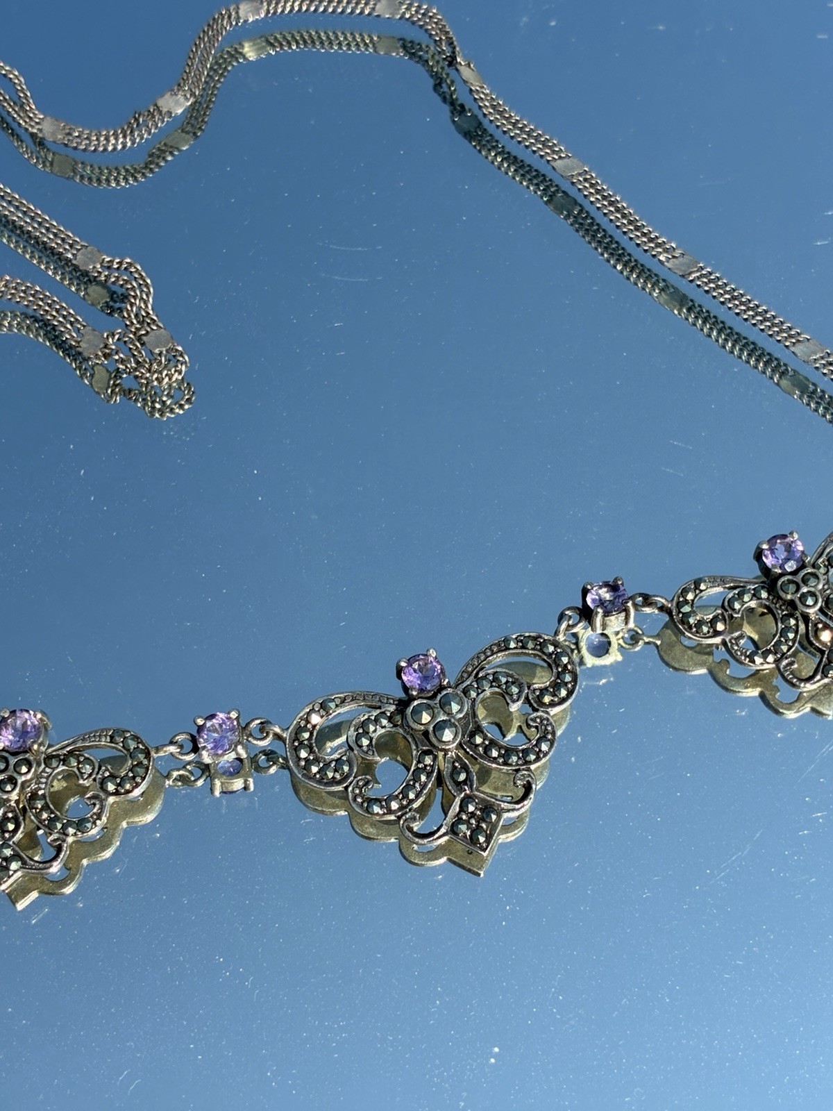 Estate Sterling Silver & Marcasite Victorian Style Amethyst Filigree Necklace Estate Sterling Silver & Marcasite Victorian Style Amethyst Filigree Necklace