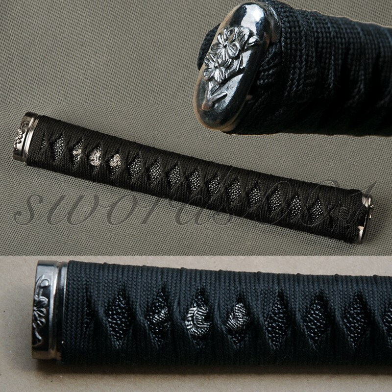 Alloy Kashira Menuki Japanese Katana Tsuka With Black Silk Cord Black Rayskin