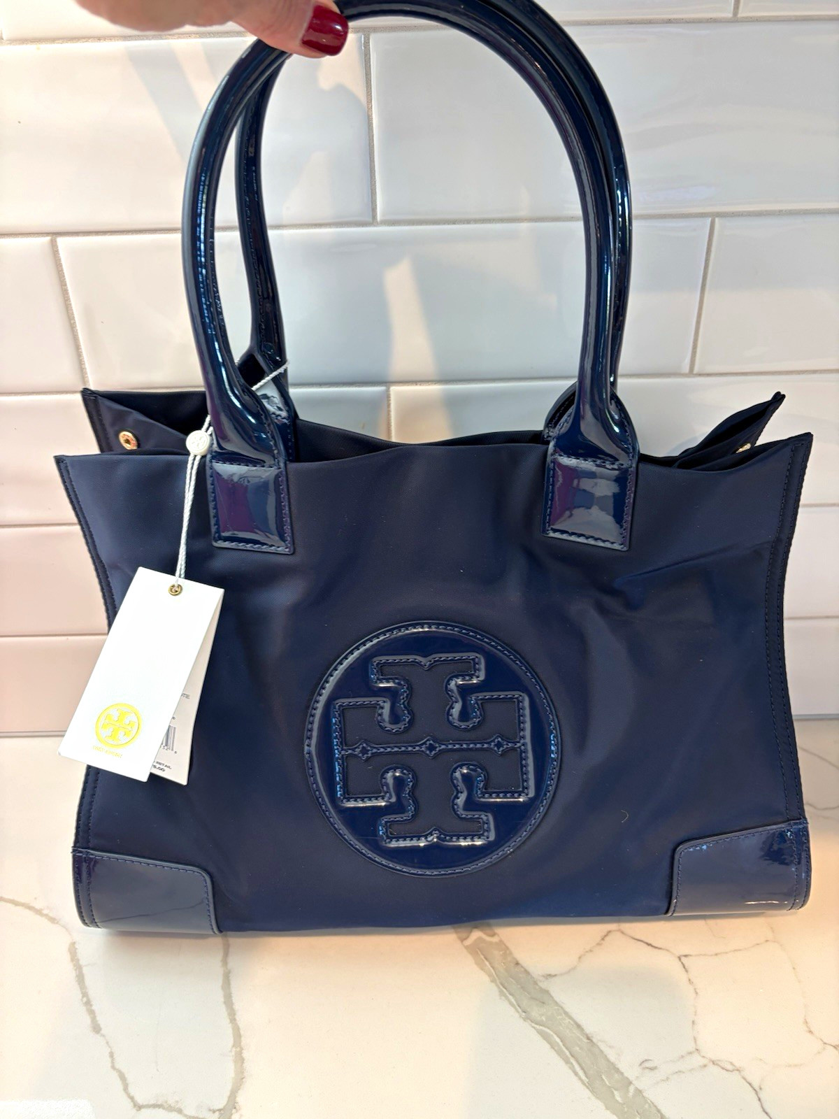 Tory Burch Ella Tote Mini Nylon Logo Jacquard Zip Detachable Strap Navy Gold Tory Burch Ella Tote Mini Nylon Logo Jacquard Zip Detachable Strap Navy Gold