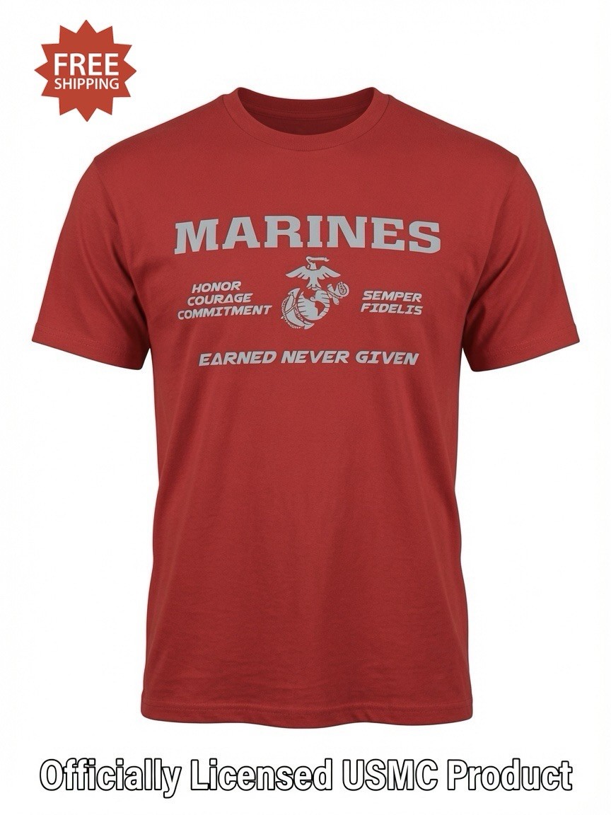 USMC “MARINES - EARNED NEVER GIVEN” Red T-Shirt - Size L - by MV Sport - NWT