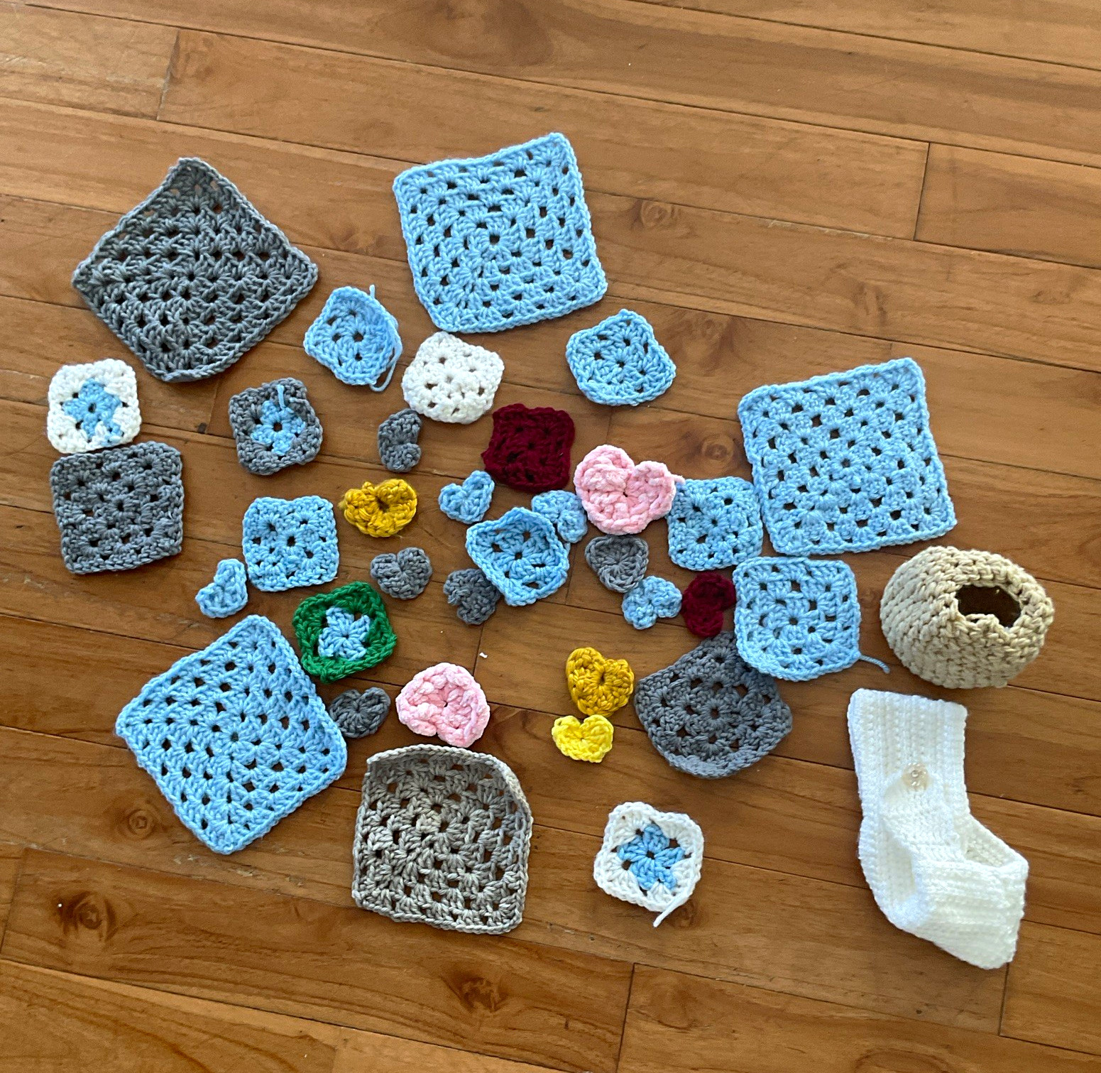 Handmade Crochet Granny Squares & Heart Motifs Mixed Lot w/ Baby Hat & Booties Handmade Crochet Granny Squares & Heart Motifs Mixed Lot w/ Baby Hat & Booties