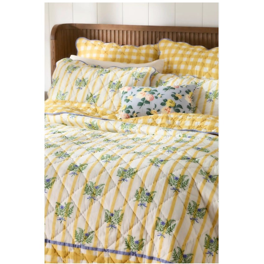 Anthropologie Iluka Cotton Printed Floral Quilt King Fern Gingham