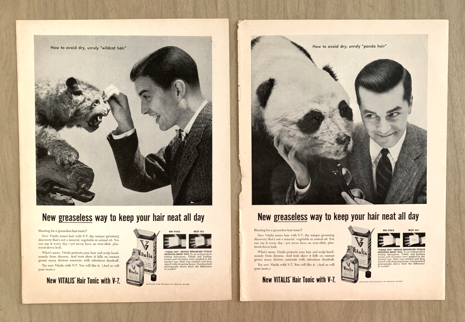 Vitalis Hair Tonic Two Vintage Print Ads 1956 Avoid Wildcat Hair Panda Hair