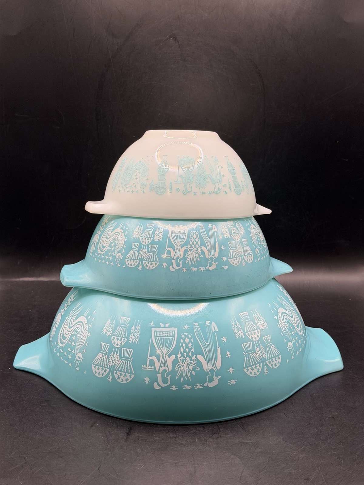 Vintage Pyrex Amish Butterprint Cinderella Mixing Bowls Turquoise White 3pc Set