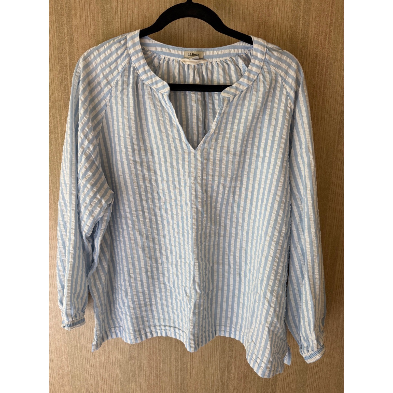 L.L.Bean Seersucker Top Women XL Blue White Striped Cotton Modal V-Neck Blouse L.L.Bean Seersucker Top Women XL Blue White Striped Cotton Modal V-Neck Blouse