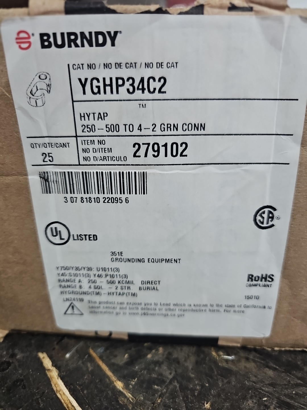 Burndy YGHP34C2 Ground Connector Run-In Tap 250-500MCM 4-2 Burndy YGHP34C2 Ground Connector Run-In Tap 250-500MCM 4-2