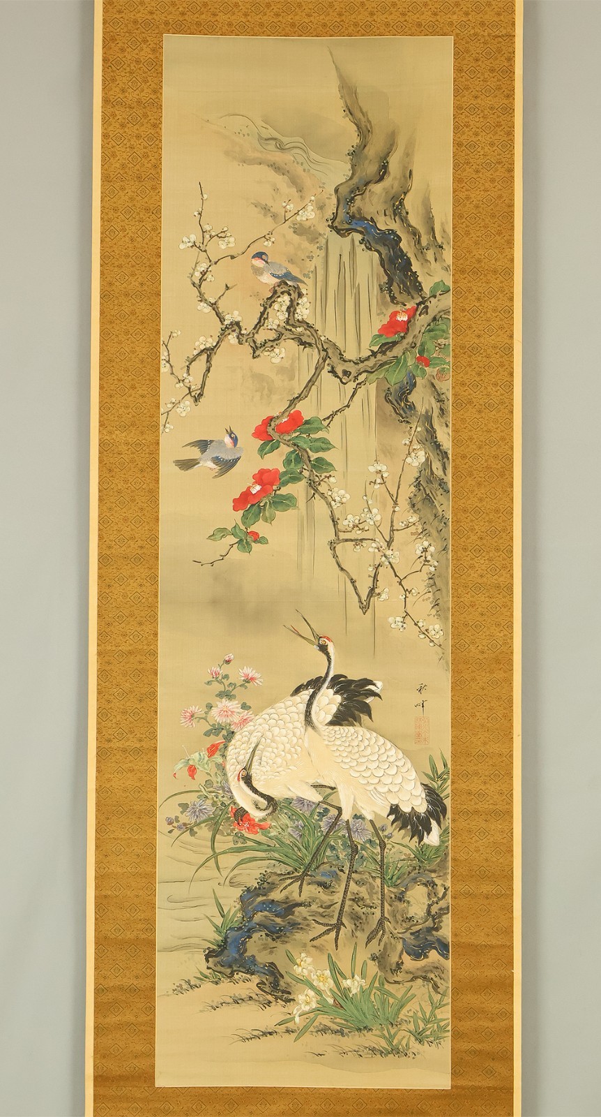 岡本秋暉 Okamoto Shuki (1807-1862) Hanging scroll / Crane Flowers and Birds with Box