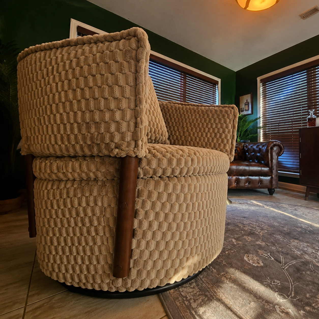 Mid Century 360° Swivel Barrel Accent Chair w/ Storage Corduroy Wood Frame Khaki