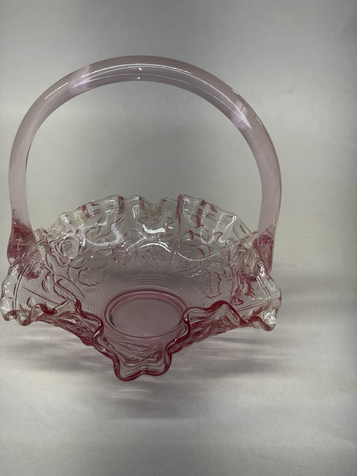 Fenton Glass Co. Beautiful Vintage Pink Glass Basket Rose Floral Pattern 6”x6” Fenton Glass Co. Beautiful Vintage Pink Glass Basket Rose Floral Pattern 6”x6”