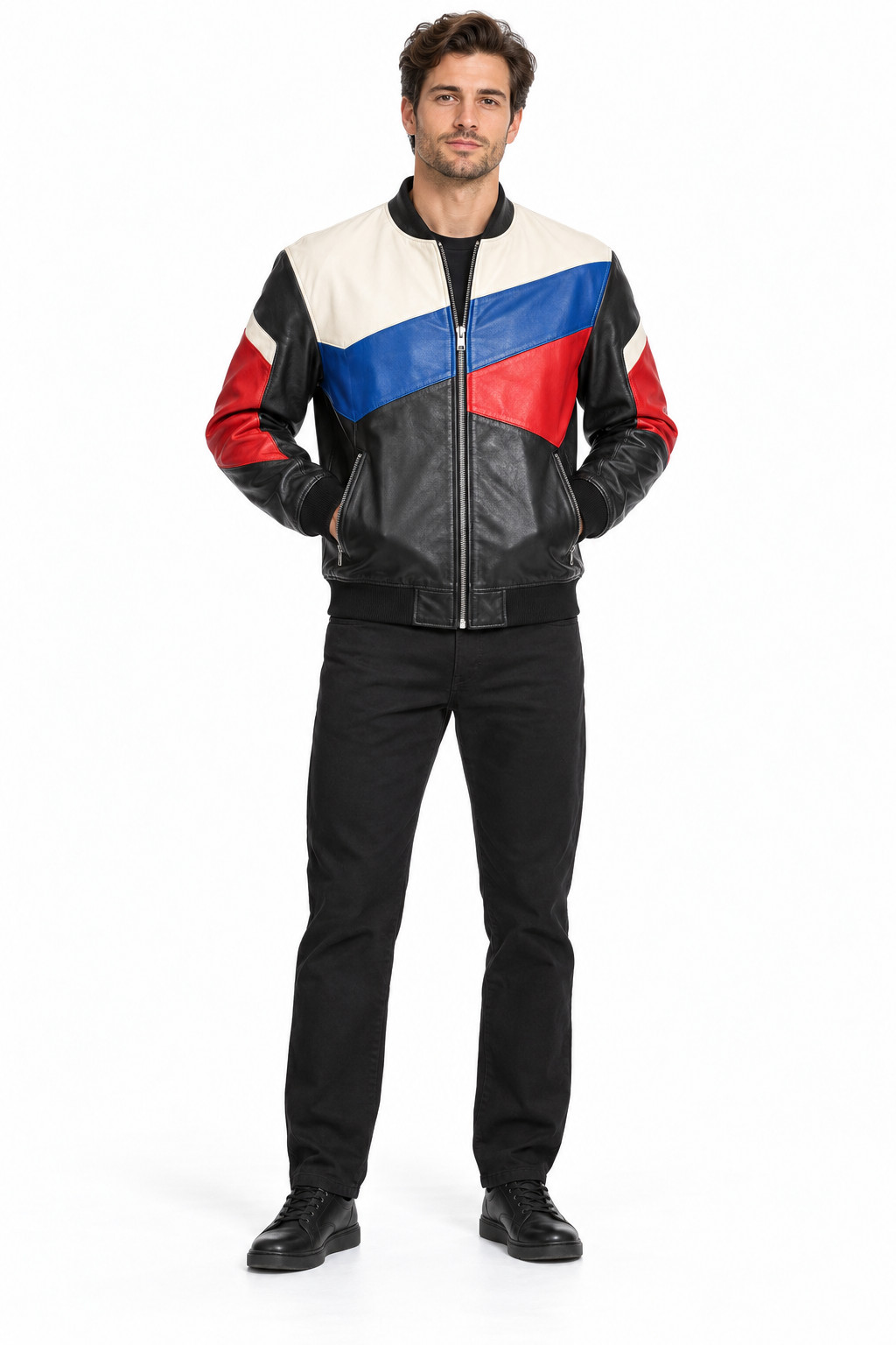 Men’s 80s Color Block Leather Bomber Jacket Retro Racing Style Black Red Blue