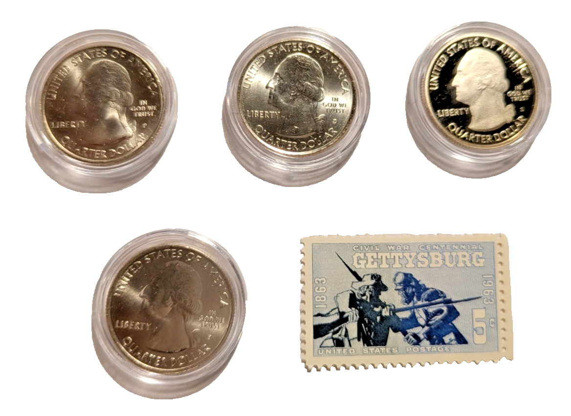 2011 P D S Gettysburg Quarters & 1963 Gettysburg Stamp + 2016 P Harper\'s Ferry