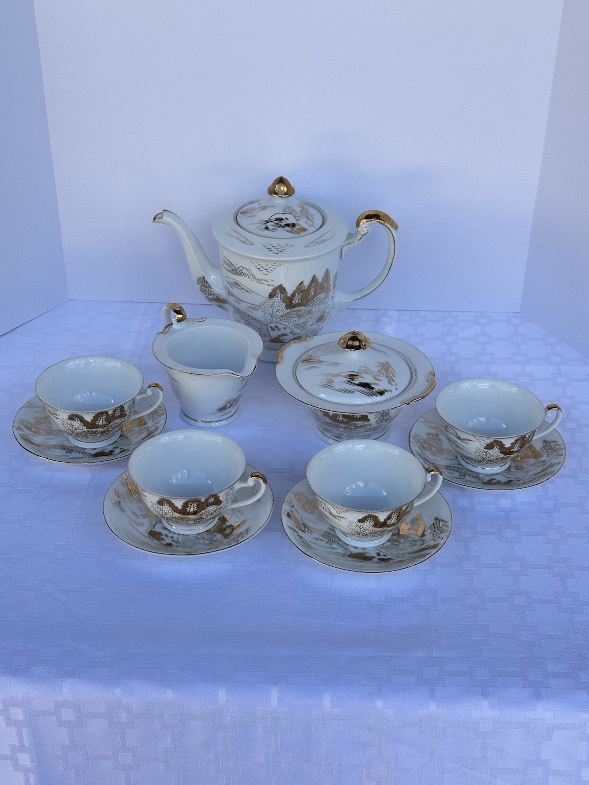 Vintage Hayasi Kutani Hand Painted Gold On White Porcelain Coffee Tea Set Japan