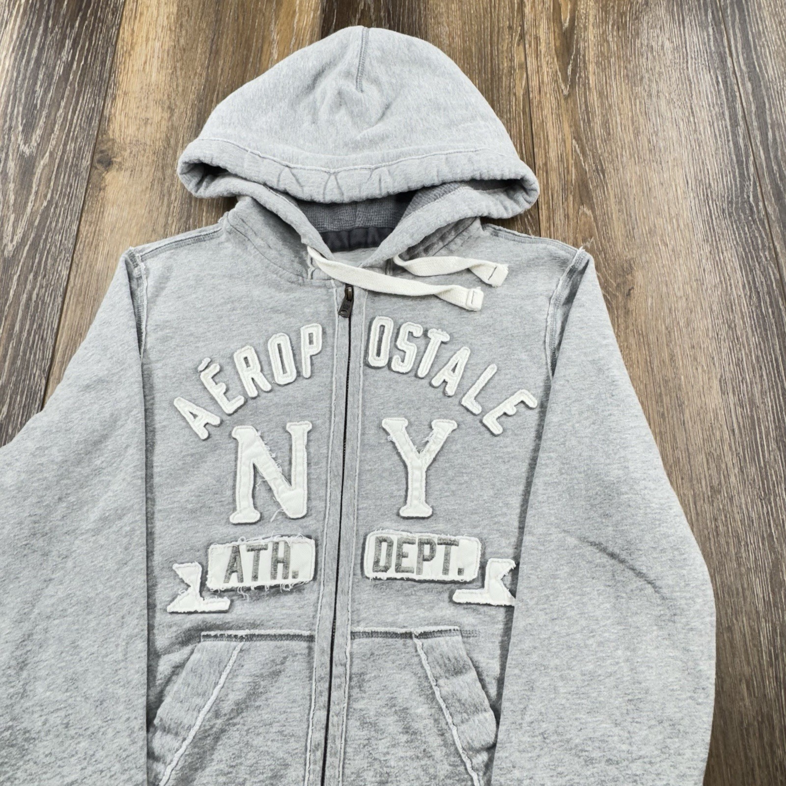 Vintage Aeropostale Hoodie Mens M Gray Sweatshirt Thick Heavy Y2K Zip Up Sweater