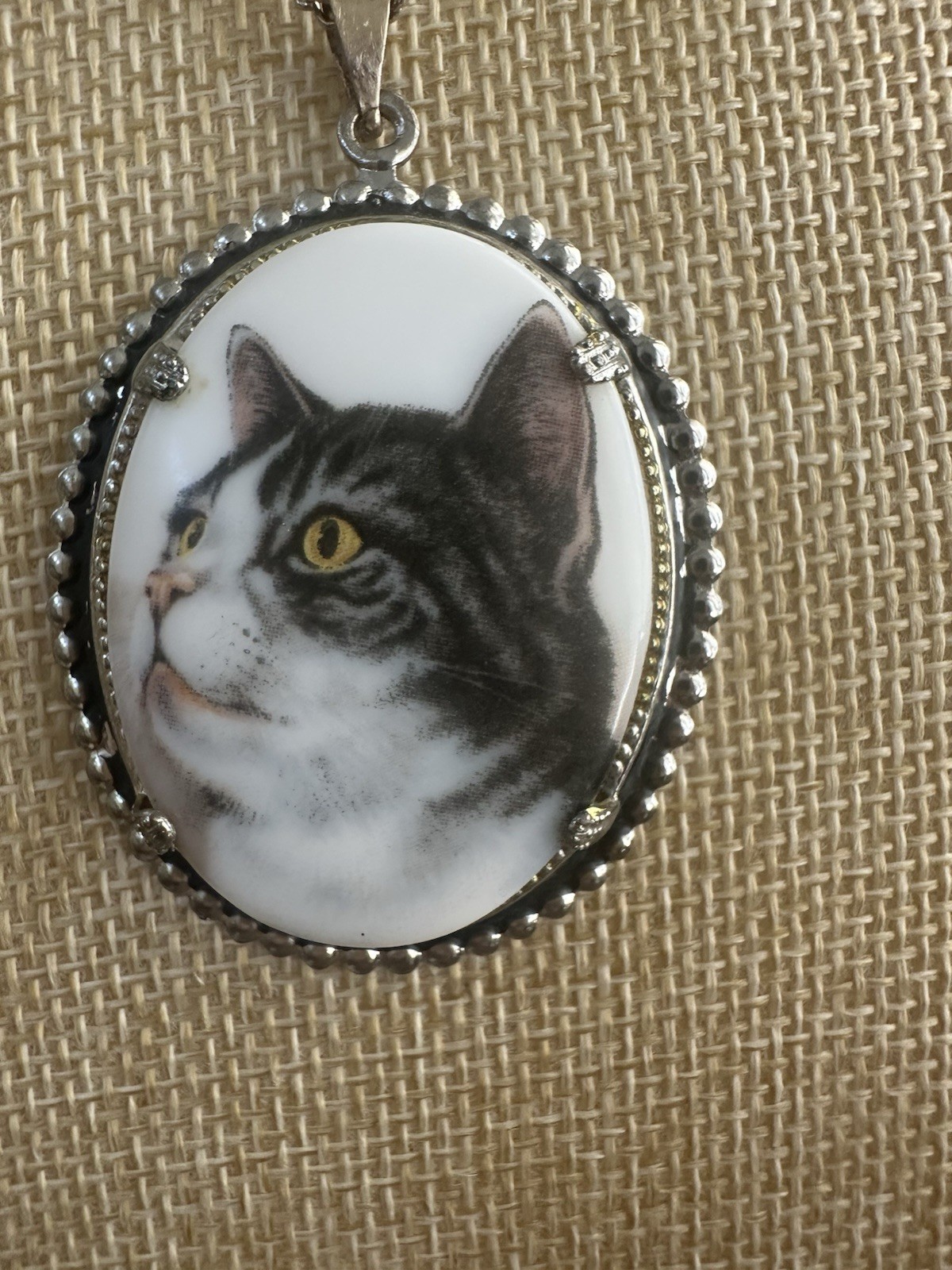 Vintage French Grey Tabby Cat Portrait Necklace SilverTone Cat Cameo Pendant Vintage French Grey Tabby Cat Portrait Necklace SilverTone Cat Cameo Pendant