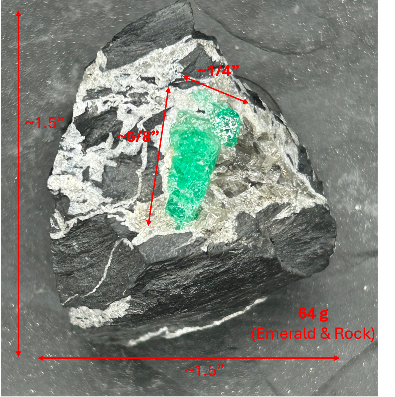 Clear Deep Green Emerald on Matrix Rock from Chivor Mines Colombia. 64 g. Clear Deep Green Emerald on Matrix Rock from Chivor Mines Colombia. 64 g.
