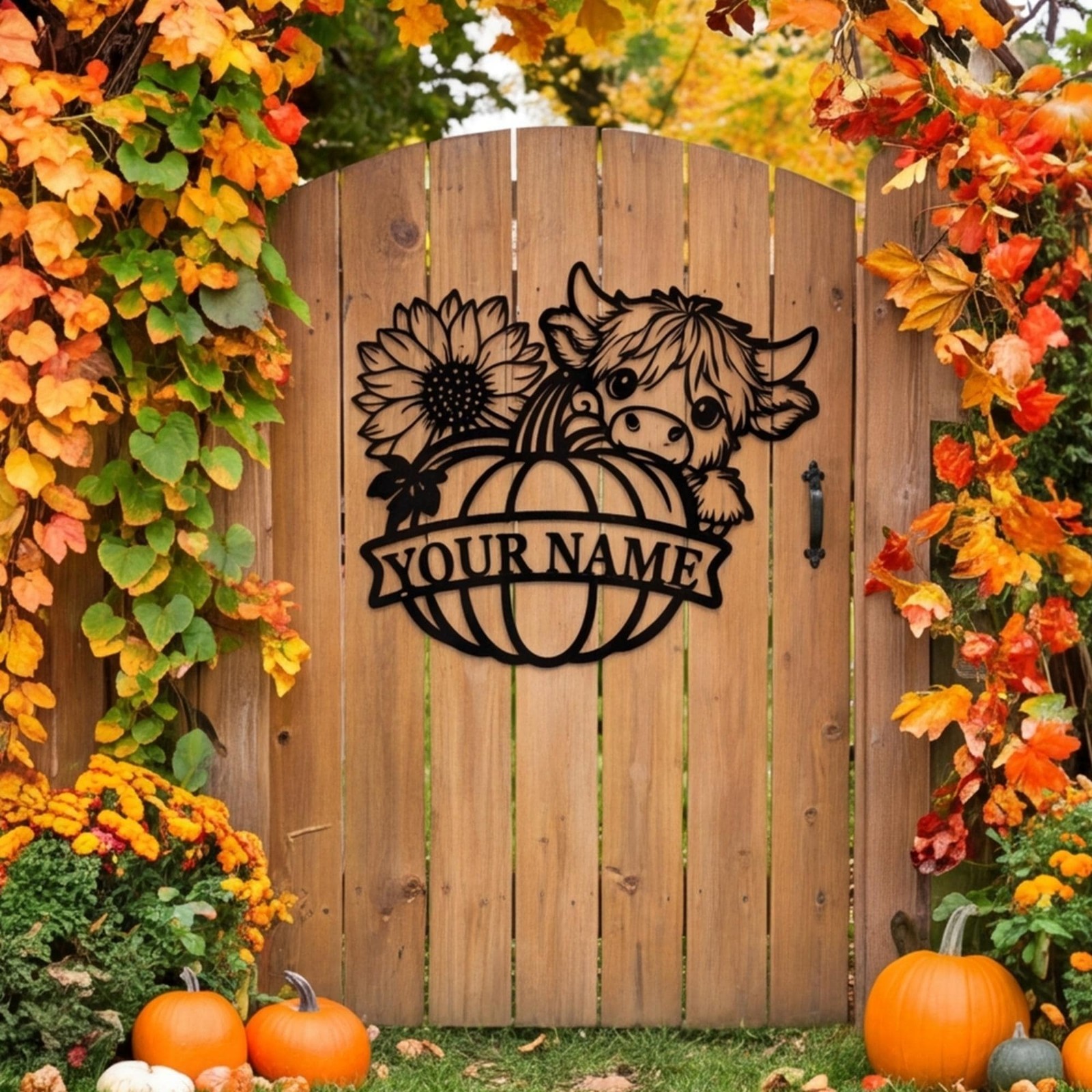 Personalized Highland Cow Metal Sign Custom Name Pumpkin Fall Farmhouse Decor