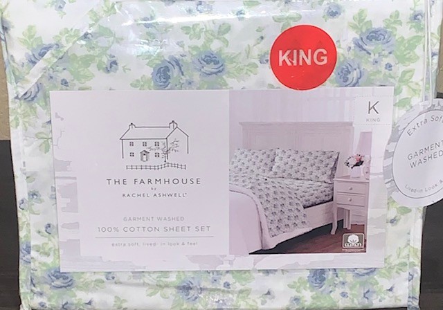 FARMHOUSE by Rachel Ashwell White Green Blue Roses Floral Cotton KING Sheet Set