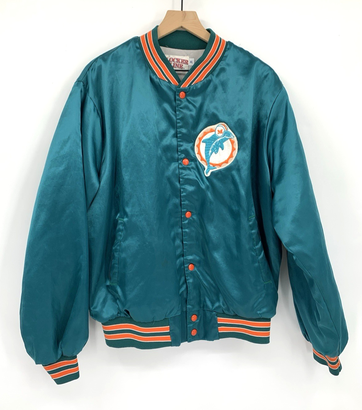 Vintage Miami Dolphins Jacket Mens XL Satin Bomber Locker Line 90s NFL Made USA