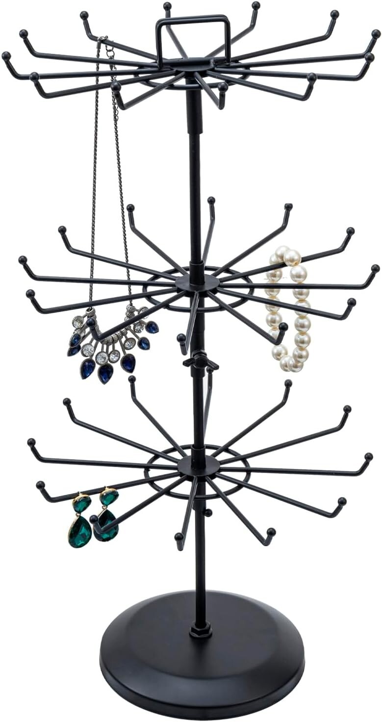 3 Tier Black Metal Jewelry Tree, Necklace and Bracelet Tower Display Stand