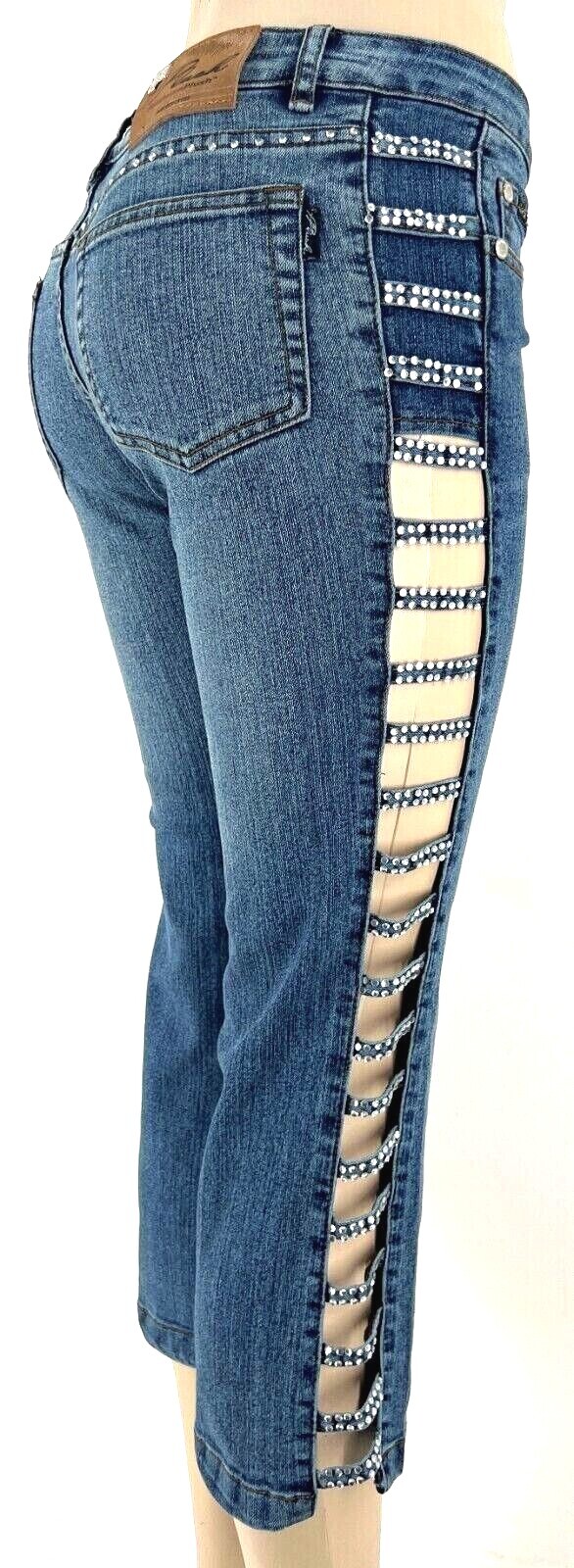 PLATINUM PLUSH OPEN LEG DESIGN RHINESTONE DENIM CAPRI STYLE #8981