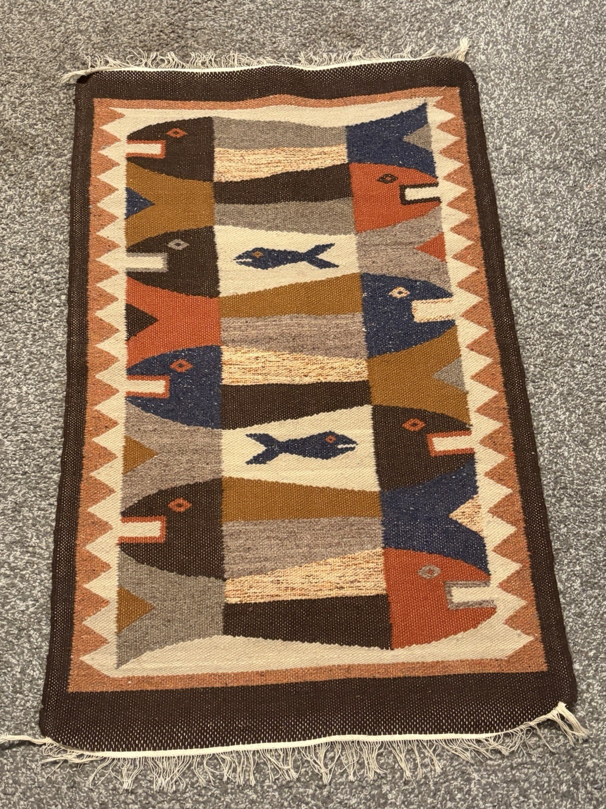 Vtg Oaxaca Mexico Hand Woven Wool Fish Tapestry Accent Rug/Wall Hanging Tribal Vtg Oaxaca Mexico Hand Woven Wool Fish Tapestry Accent Rug/Wall Hanging Tribal
