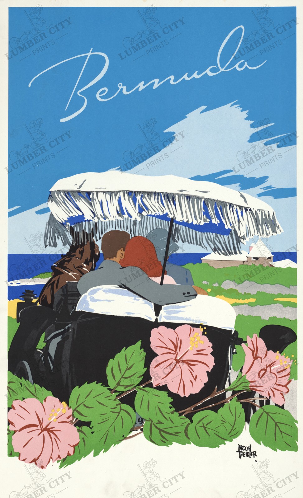 Bermuda Travel Poster 1940s Adolph Treidler Romantic Wall Art Print Retro