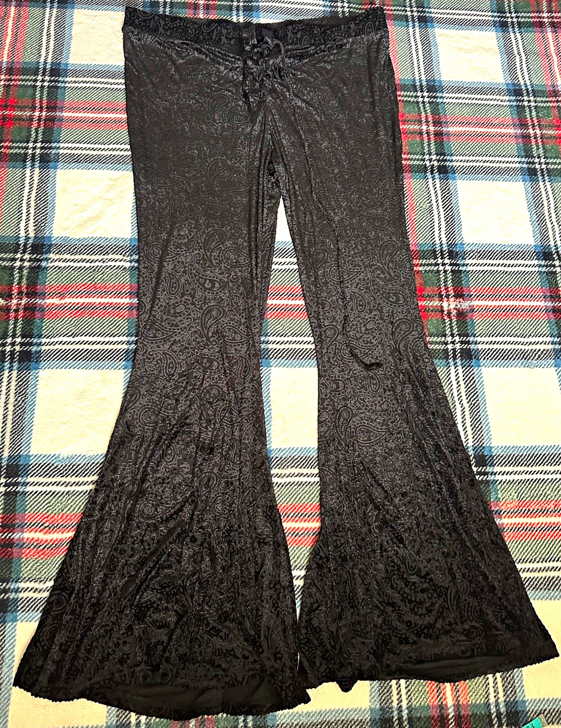 Killstar Black Paisley Velvet Lace-Up Flared Pants Womens 2XL Gothic Stretch 897 Killstar Black Paisley Velvet Lace-Up Flared Pants Womens 2XL Gothic Stretch 897