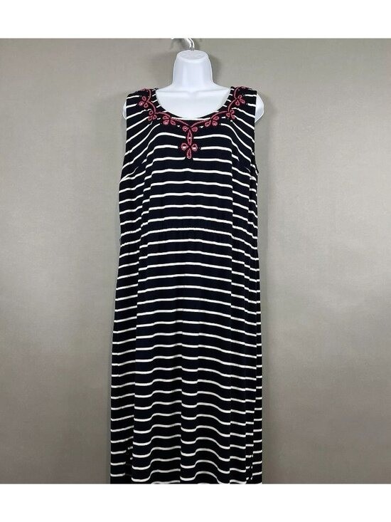 Talbots Dress Womens 1X Navy White Stripe Rayon Sleeveless Maxi Nautical Resort