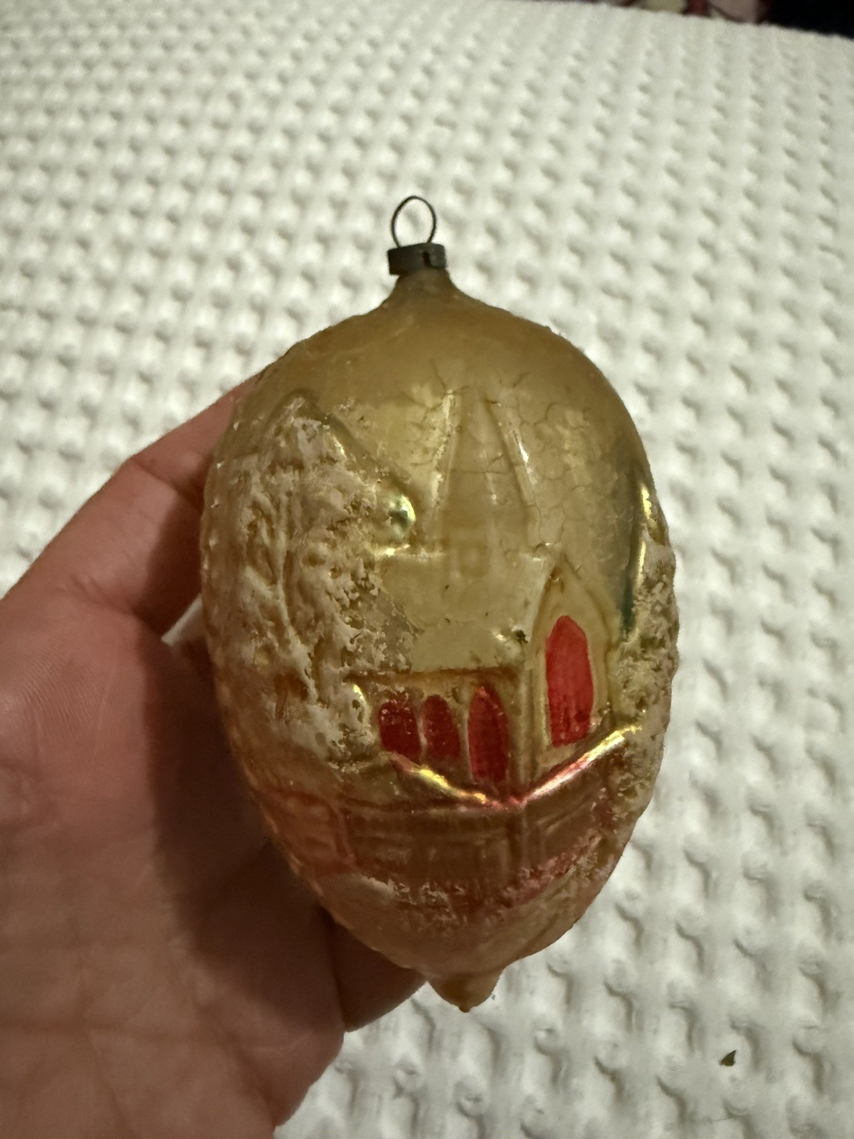 Antique German bumpy glass ornament church Oval Antique German Glass Ornament 4” Antique German bumpy glass ornament church Oval Antique German Glass Ornament 4”