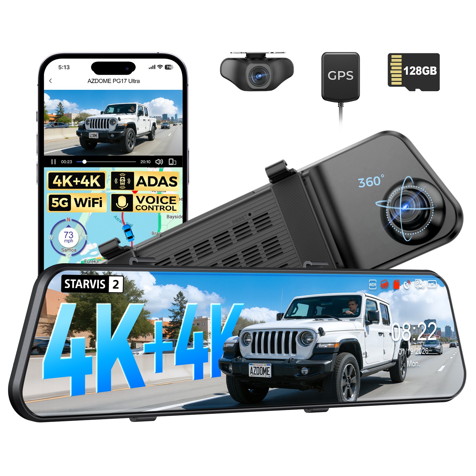 AZDOME PG17 Ultra 2CH 4K+4K Mirror Dash Cam STARVIS 2 5.8G WiFi GPS HDR 128GB TF