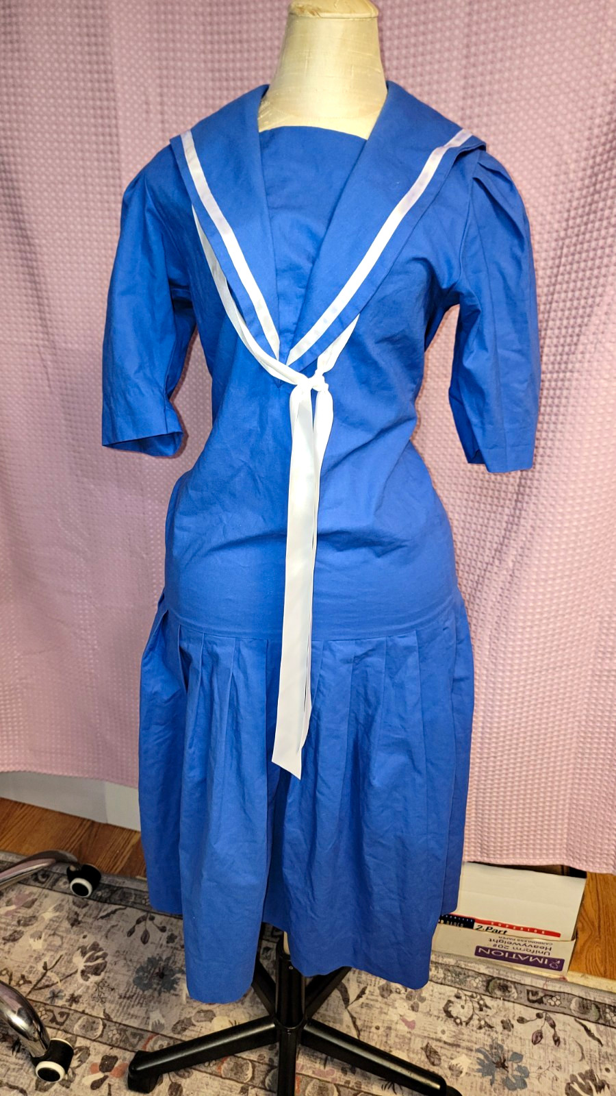Vintage 80s Laura Ashley Sailor Dress US 6 Blue White Nautical Cotton Made UK