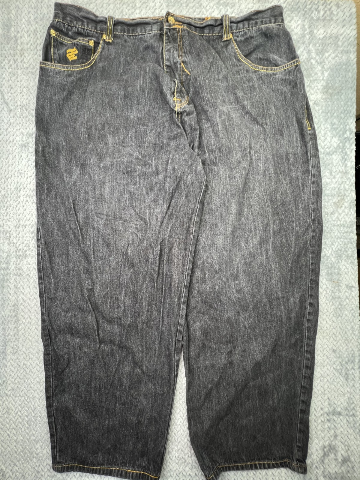 Rocawear Mens Size 42 Black Denim Jeans Embroidered Logo Flap Pockets Y2K Baggy