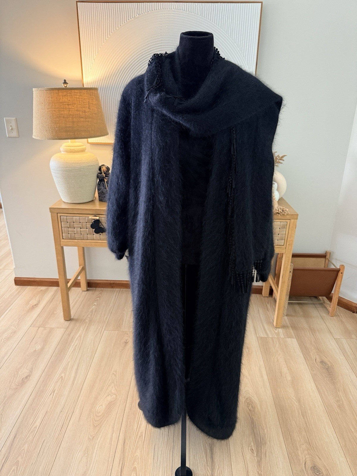 VNTG Venesha Black Angora Sweater Coat Long Lined Knit Duster W/ Fringe Scarf M VNTG Venesha Black Angora Sweater Coat Long Lined Knit Duster W/ Fringe Scarf M