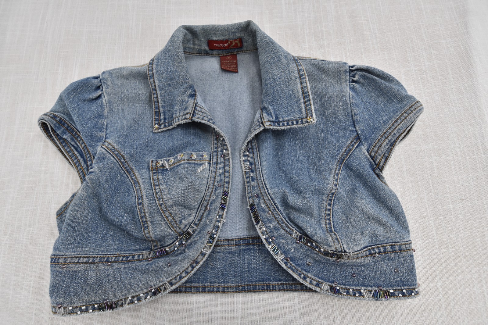 Vintage Forever 21 Denim Crop Jacket Womens Small Blue Jean Short Sleeve Y2K Top