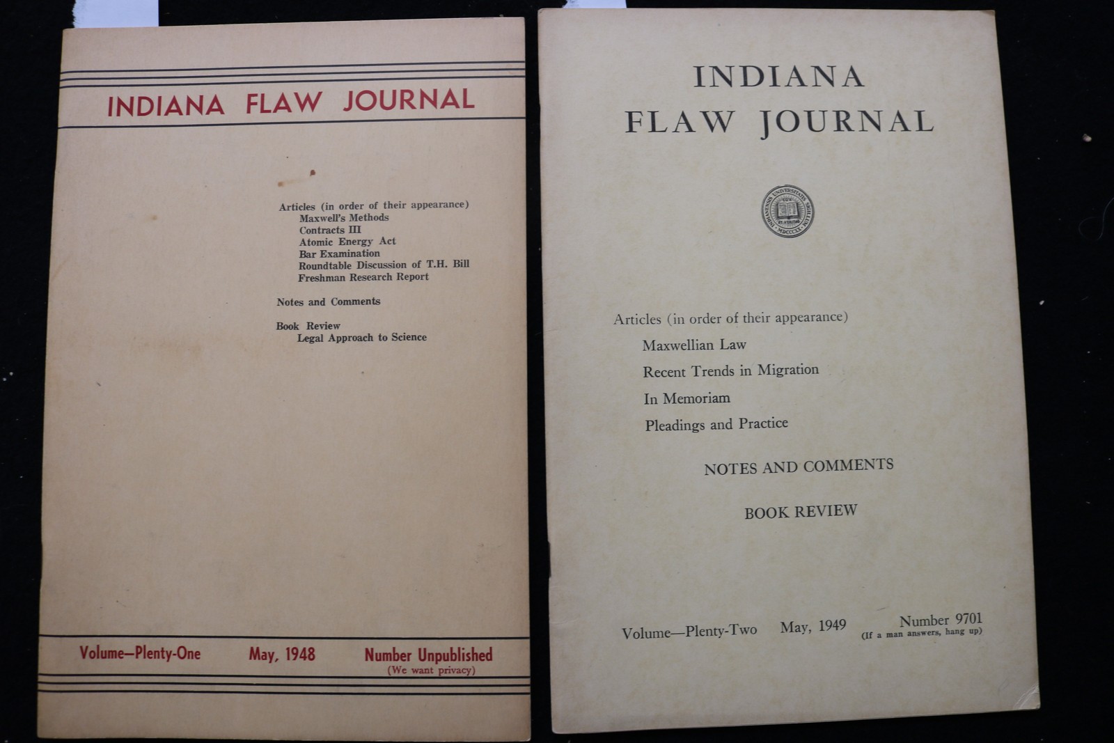 1948-1949 INDIANA FLAW JOURNAL - LOT OF 2 - SOFTCOVER BOOKS - K 3627 1948-1949 INDIANA FLAW JOURNAL - LOT OF 2 - SOFTCOVER BOOKS - K 3627