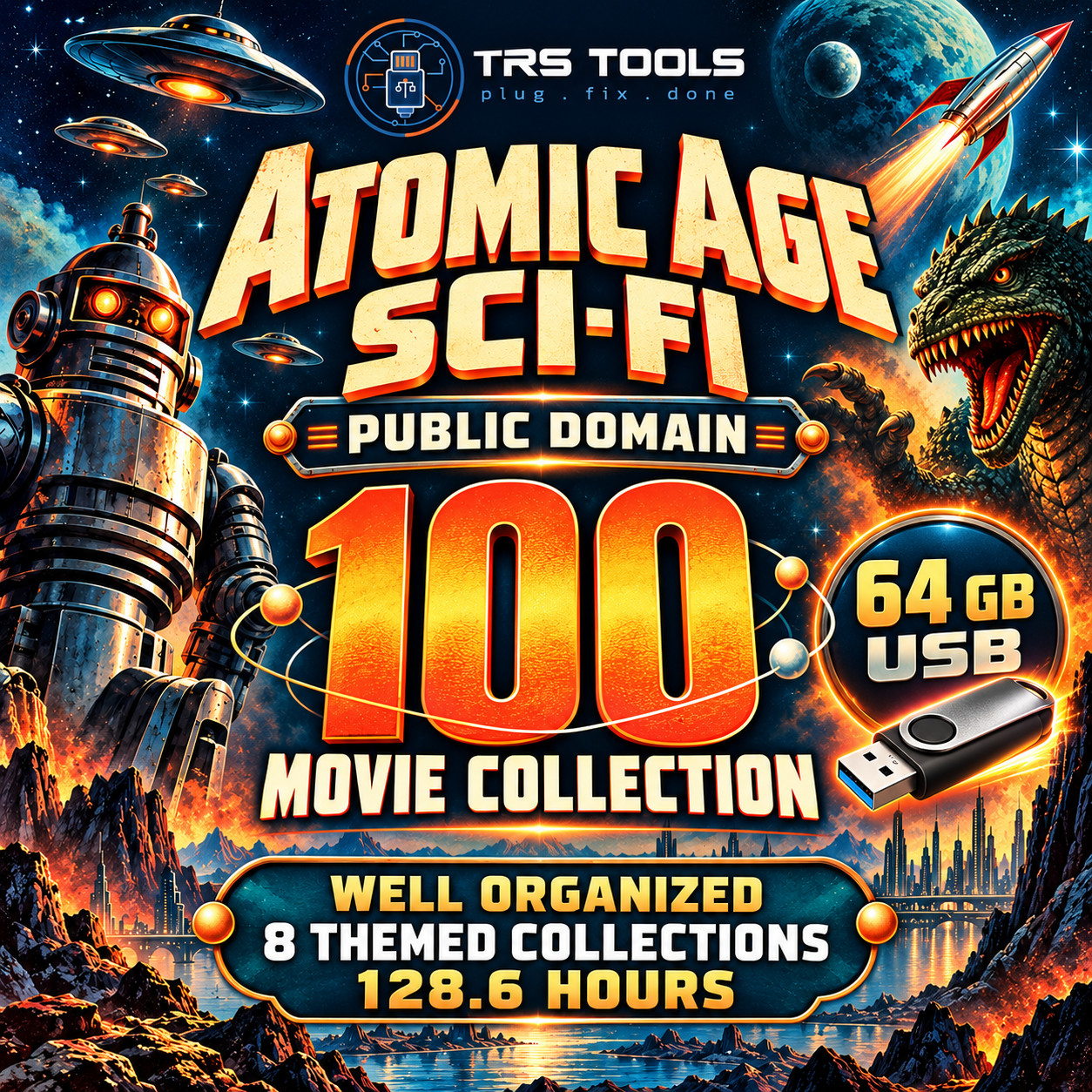 100 Classic Sci-Fi Horror Movies 64GB USB Collection Public Domain Atomic Age