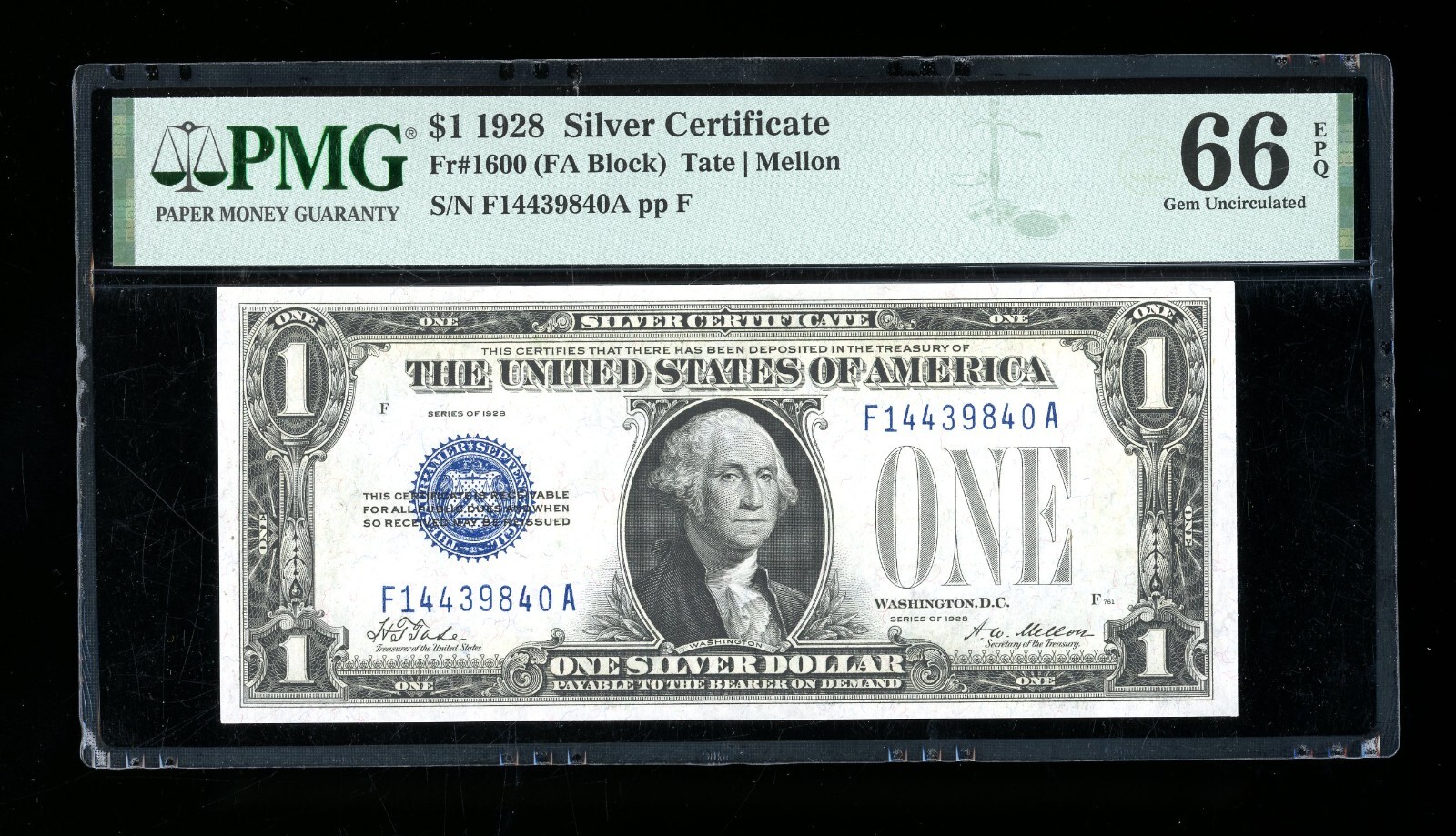 DBR 1928 $1 Silver Fr. 1600 Gem FA Block PMG 66 EPQ Serial F14439840A DBR 1928 $1 Silver Fr. 1600 Gem FA Block PMG 66 EPQ Serial F14439840A