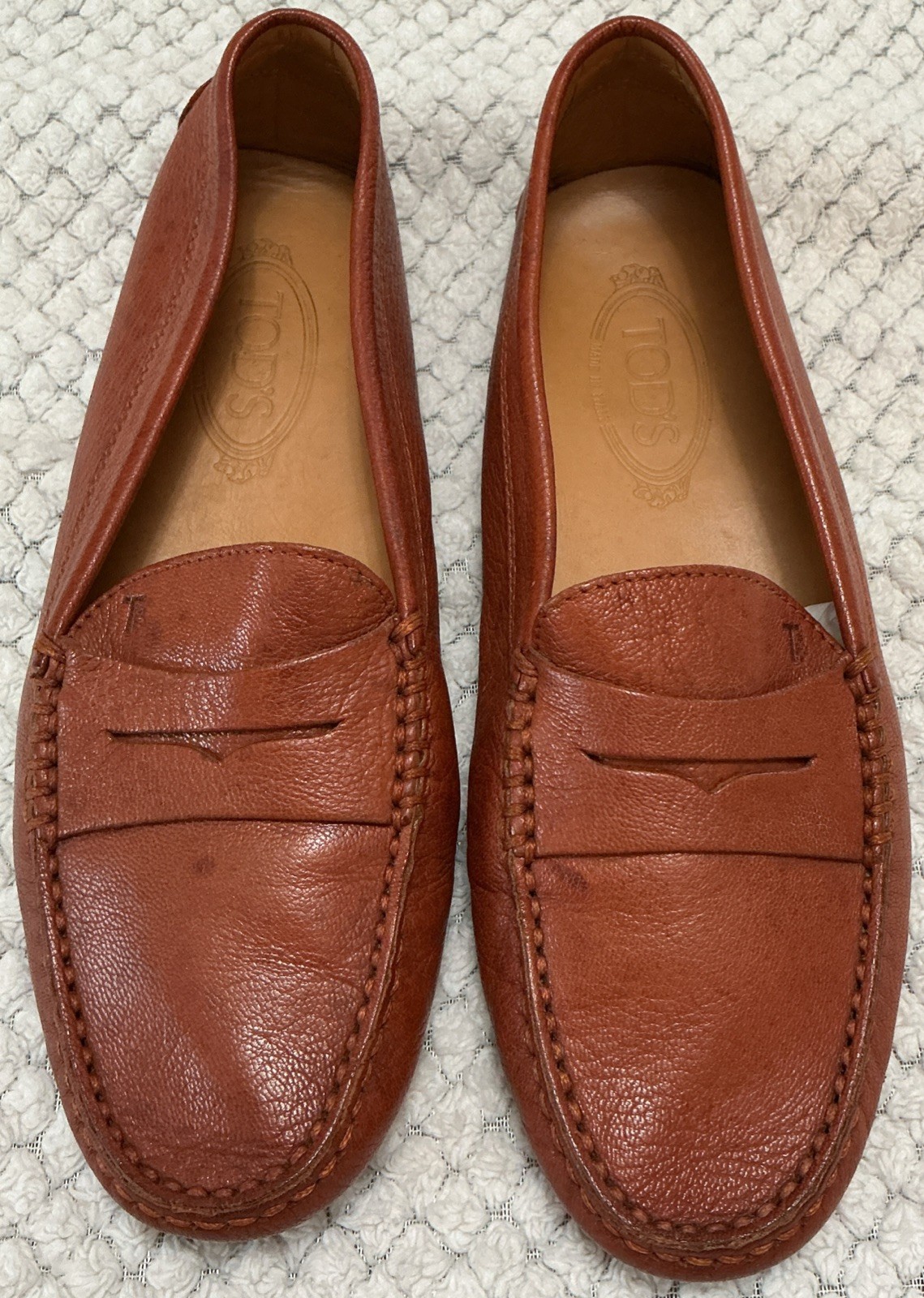 Tod\'s Gommino Driving Loafers Dark Tan Brown Leather Slip On Penny Drivers Sz 10