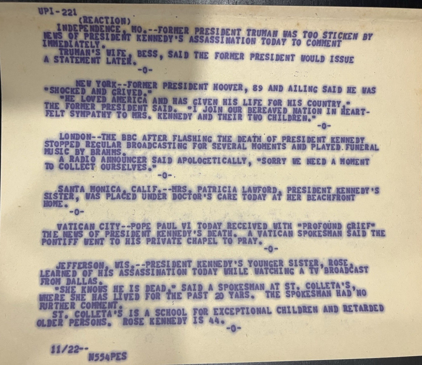 JFK ASSASSINATION RARE ORIG 11/22/63 UPI TELETYPE: TRUMAN, THE POPE, JFK SISTERS