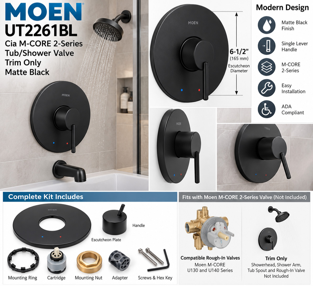 Moen UT2261BL Cia M-CORE 2-Series Shower Valve Trim Matte Black Single Handle
