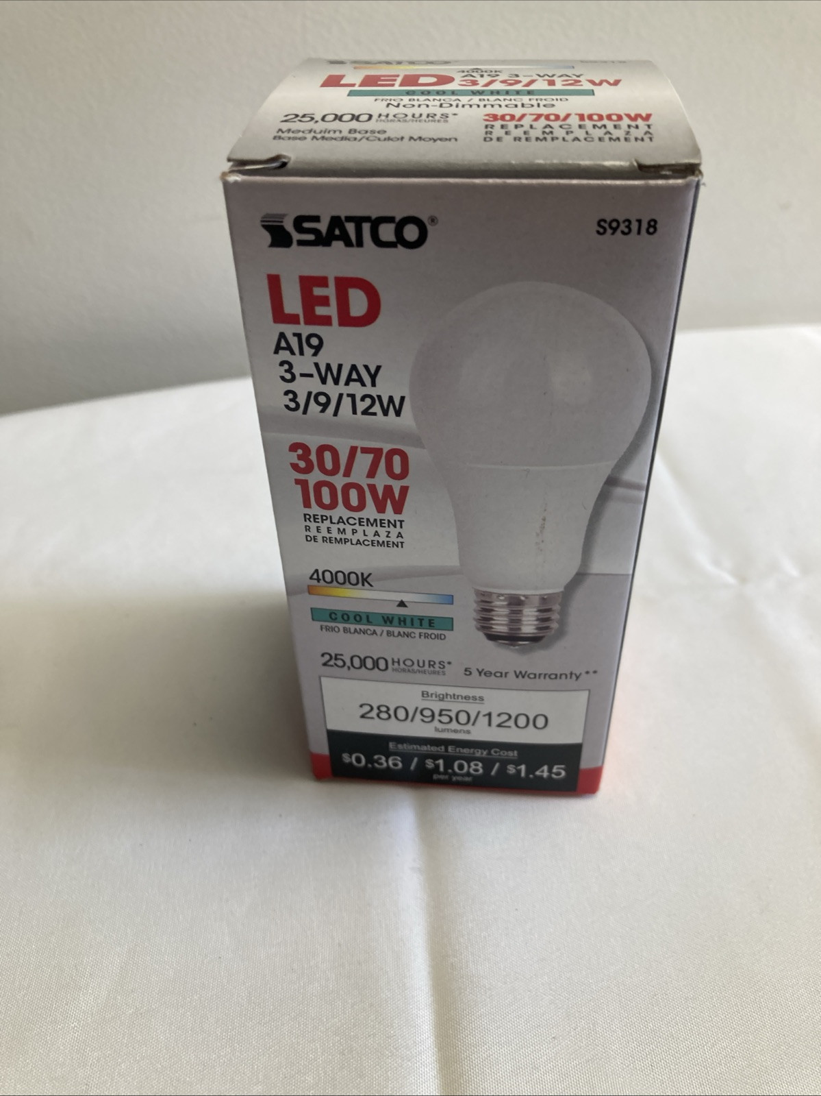 SATCO S9318 3/9/12W 3-Way Non-Dimmable A19 LED 40K Cool White Frosted E26d Base