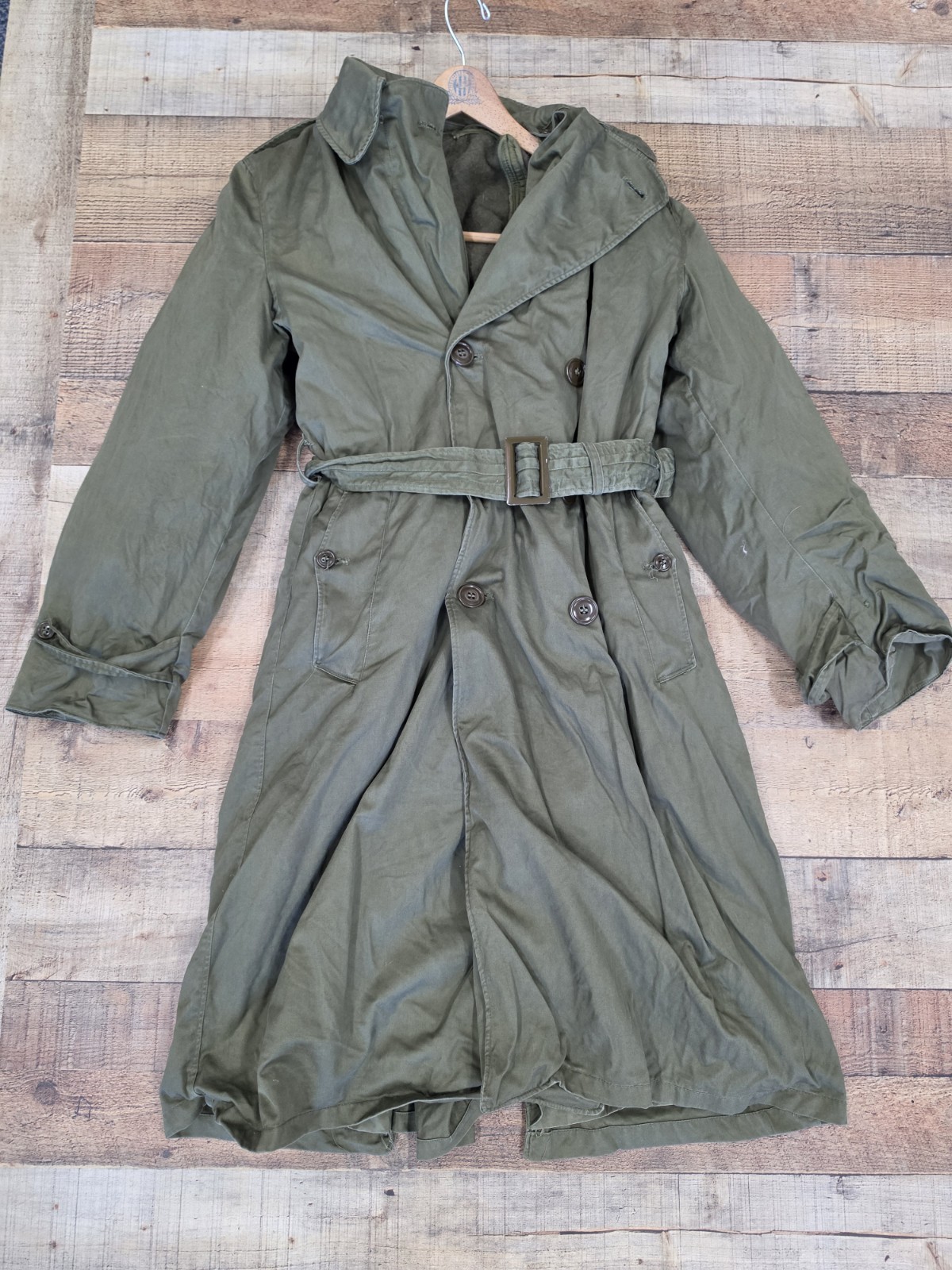Vintage WWII M1950 Officers Trench Coat Olive Green Wool Lined Belted Sz S Vintage WWII M1950 Officers Trench Coat Olive Green Wool Lined Belted Sz S