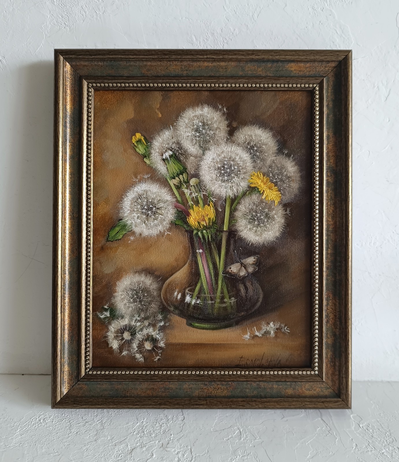 Dandelion Bouquet Original Oil Painting Framed Floral Still Life Art 8x10 in