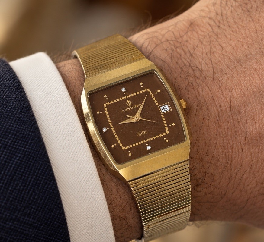 Vintage Candino Elite Automatic 1970s Brown Dial Gold Plated Tank Watch Boxed