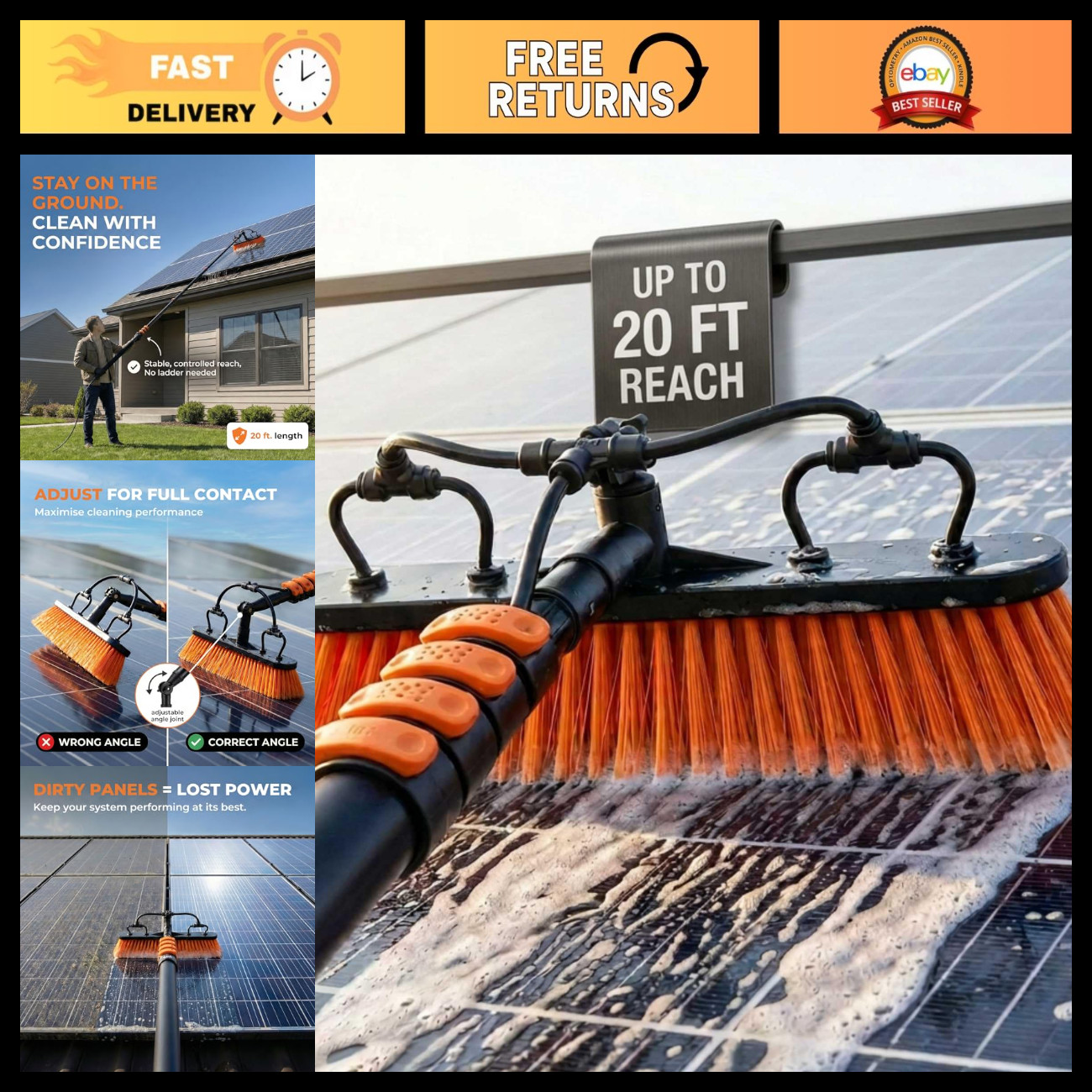 Solar Panel Cleaning Brush with 20ft Extension Pole - Efficient & Easy to Use