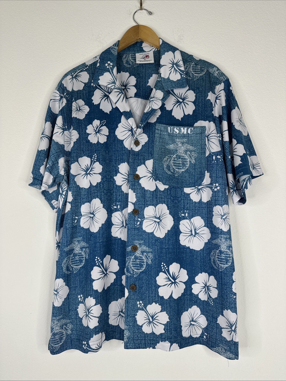 USMC Hawaiian Shirt Mens Size M Made In USA Semper Fidelis Marine Corps Aloha